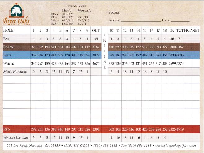 Scorecard River Oaks Golf Club